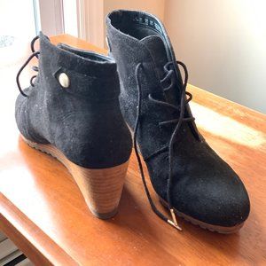 Black Suede Lace-Up Wedge Booties